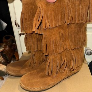 Minnetonka leather moccasin fringe boots, size 9